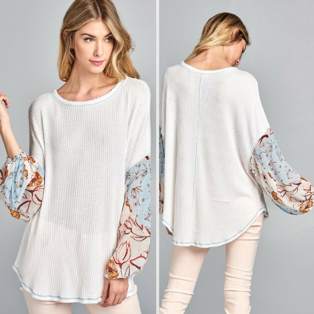 Woven Floral Balloon Sleeve Top
